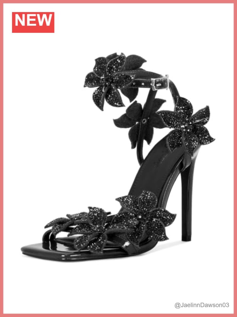 Women's Rhinestone High Heel Sandals Floral Patent PU Ankle Strap Square Toe